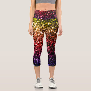 Regenbogen Gelb Rot Lila falscher Glitter funkelt Capri Leggings
