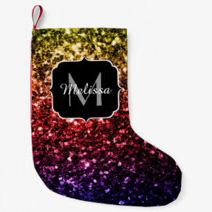 Regenbogen Gelb Rot Lila Faux-Funkeln Monogramm Kleiner Weihnachtsstrumpf