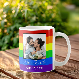 Regenbogen gestreifte Foto-LGBTQ-Hochzeitsjubiläum Kaffeetasse