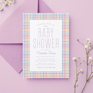 Regenbogen-Gingham-Karo süße Pastell-Baby-Party Einladung