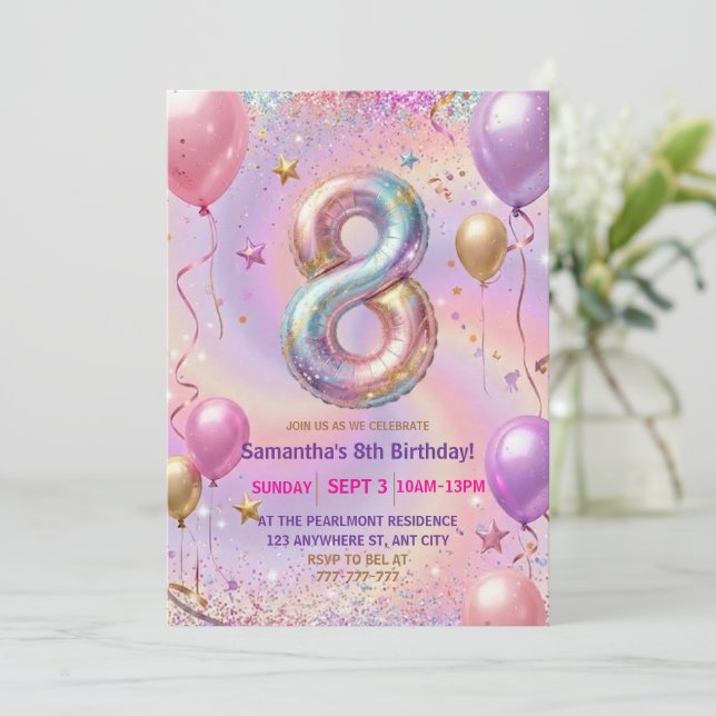 Regenbogen Glitter 8. Geburtstagsfeier Einladung (Stehend Vorderseite)