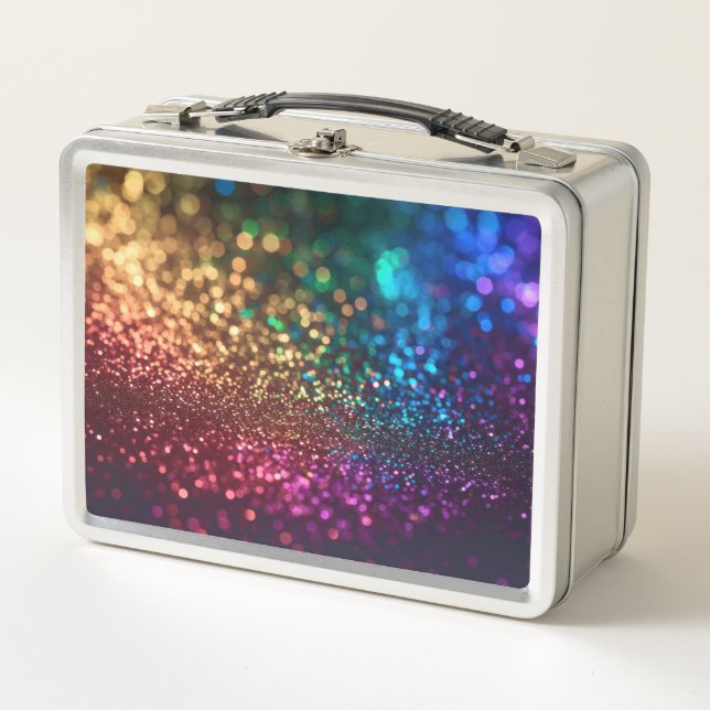 Regenbogen Glitter auf Schwarz Metall Brotdose (Vorderseite)