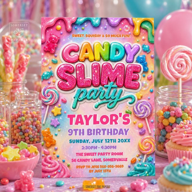 Regenbogen Glitter Candy Slime Geburtstagsfeier Einladung (Rainbow Glitter Candy Slime Birthday Party Invitation)