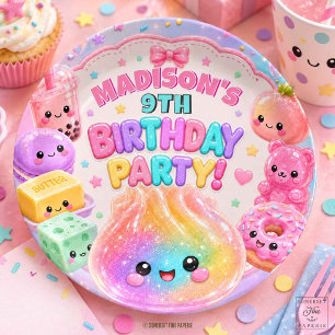 Regenbogen-Glitter-Dampfnudel-Quetschies-Geburtsta Pappteller