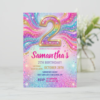 Regenbogen Glitter Geburtstagsfeier 2 Jahre Einladung