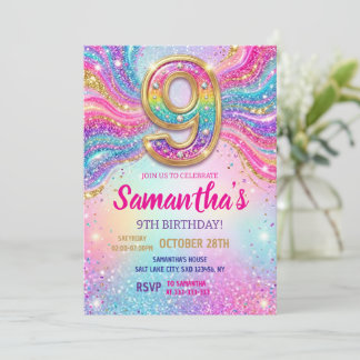 Regenbogen Glitter Geburtstagsfeier 9. Geburtstag  Einladung