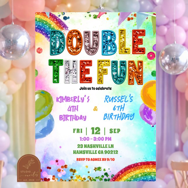 Regenbogen Glitter Pailletten Geschwister Geburtst Einladung (Von Creator hochgeladen)