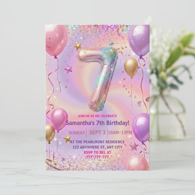 Regenbogen Glitzer 7. Geburtstagsfeier Einladung (Stehend Vorderseite)