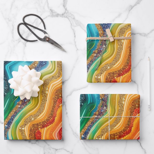 Regenbogen-Glitzer-Agitiermuster-Party Geschenkpapier Set (Vorderseite)