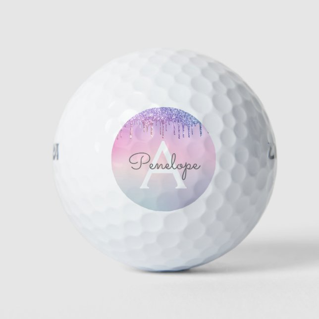Regenbogen-Glitzer-Drillingslampe mit Monogramm Golfball (Vorderseite)