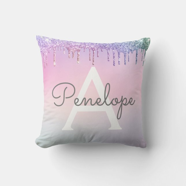 Regenbogen-Glitzer-Drillingslampe mit Monogramm Kissen (Vorderseite)