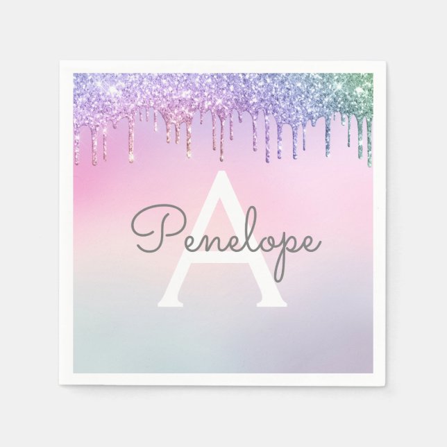 Regenbogen-Glitzer-Drillingslampe mit Monogramm Serviette (Vorderseite)