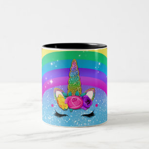 Regenbogen Glitzerndes Einhornhorn Gesicht Zweifarbige Tasse