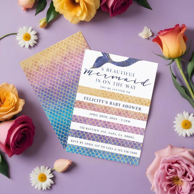 Regenbogen + Goldene Meerjungenskala & Stipe Babyd Einladung (Rainbow + Gold Mermaid Scales & Stipe Baby Shower Invitation)