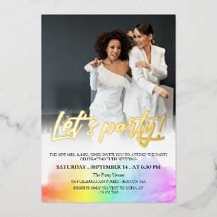 Regenbogen-Goldpinsel-Schrift Let's Party Foto Folieneinladung