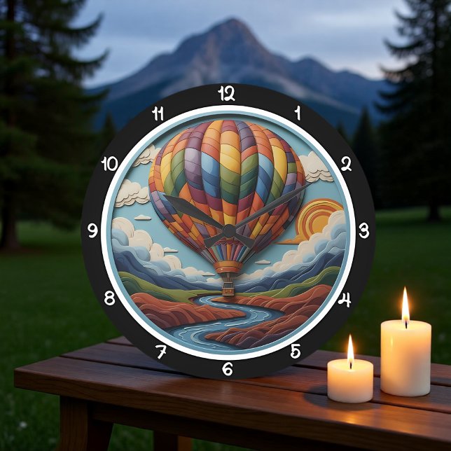 Regenbogen-Heißluftballon über Fluss Große Wanduhr (Von Creator hochgeladen)