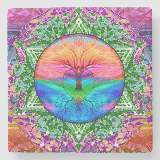 Regenbogen-Herz-Baum Steinuntersetzer (Vorderseite)