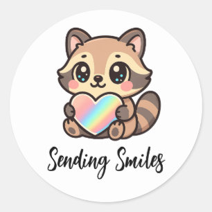 Regenbogen-Herz Glückliches Kawaii-Waschbär-Sendet Runder Aufkleber