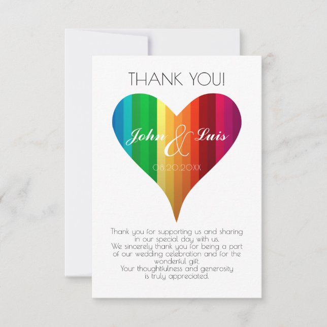 Regenbogen-Herz-Hochzeit danken Ihnen Dankeskarte (Vorderseite)