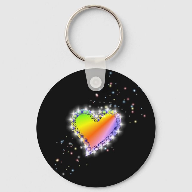 Regenbogen-Herz mit Sternchen auf schwarz Schlüsselanhänger (Vorderseite)