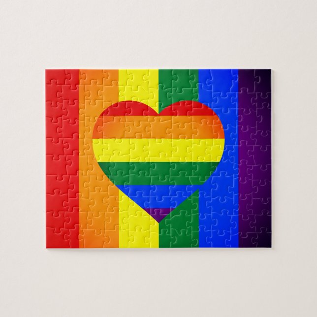Regenbogen-Herz-und-Regenbogenflagge /LGBT-Gemeins Puzzle (Horizontal)