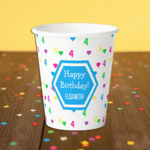 Regenbogen-Herzen 4. Geburtstag Pappbecher