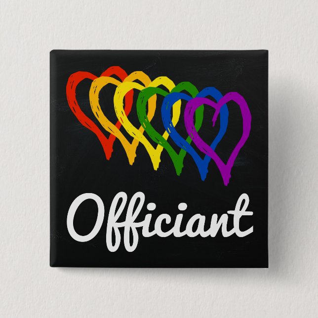 Regenbogen-Hochzeit überlagerte Herzen Officiant Button (Vorderseite)