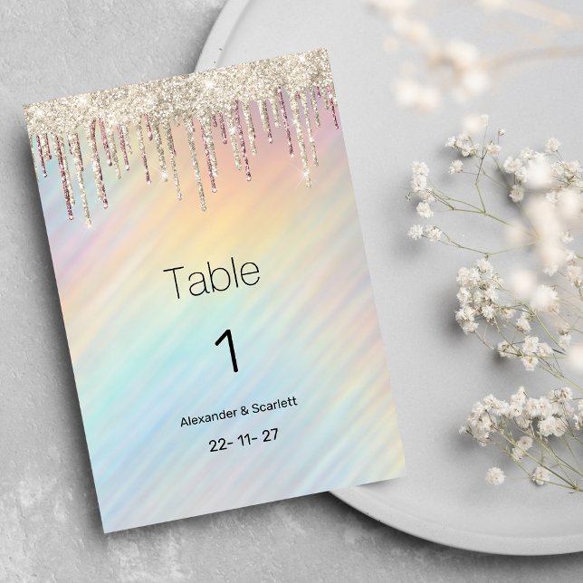 Regenbogen holografische goldene Glitter-Tropfen T Einladung (Rainbow holographic gold glitter drip Table Numbers)