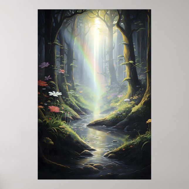 Regenbogen im magischen Wald, dunkelgrüner Wald mi Poster (Vorne)