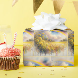 Regenbogen in Aquarellfarben über dem Feld Wildblu Geschenkpapier