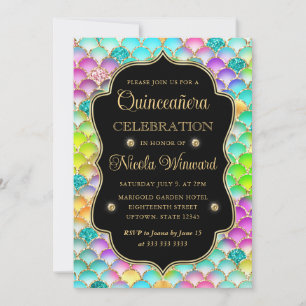 Regenbogen Jakobsmuschel Gold Quinceanera Einladung