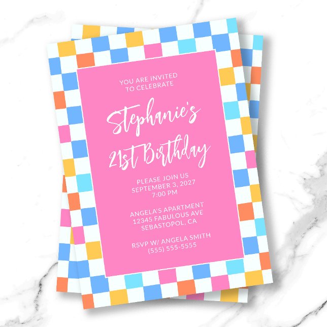 Regenbogen-Karo-Bold 21. Geburtstag Einladung (Summer Rainbow Check Bold 21st Birthday Invitation)
