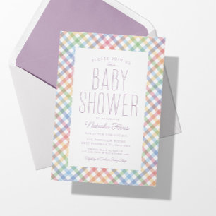 Regenbogen-Karomuster süße Pastell-Gingham-Baby-Pa Einladung