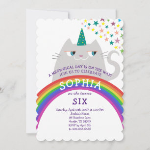Regenbogen-Katze-Einhorn-Mädchen 6. Geburtstag Einladung