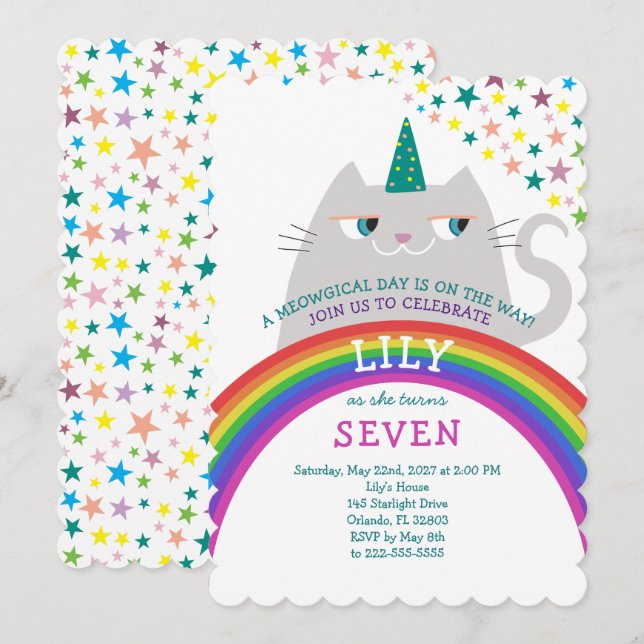 Regenbogen-Katze-Einhorn-Mädchen 7. Geburtstag Einladung (Vorne/Hinten)