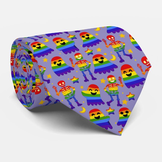 🦇🌈 Regenbogen-Knochen & Sterne  Krawatte (Gerollt)
