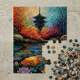 Regenbogen-Koi-Fisch Japanischer Pagodengarten Puzzle