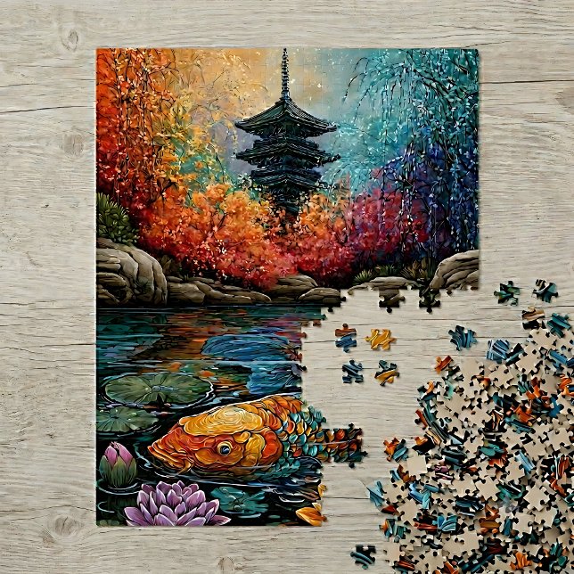 Regenbogen-Koi-Fisch Japanischer Pagodengarten Puzzle (Von Creator hochgeladen)