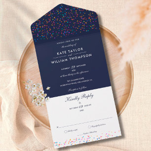 Regenbogen-Konfetti Navy-Blau-Monogramm-Hochzeit All In One Einladung