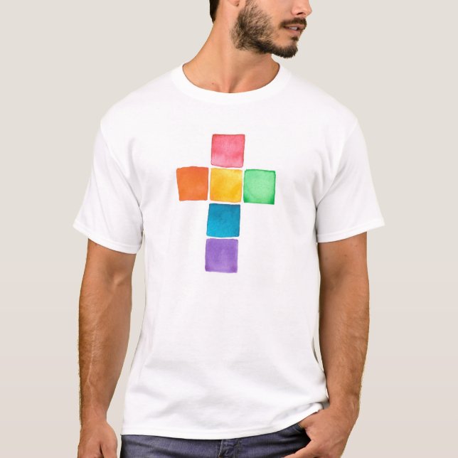 Regenbogen-Kreuz, Aquarellquadrate T-Shirt (Vorderseite)