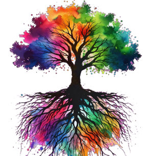 Regenbogen-Lebensbaum-Aquarell mit tiefen Wurzeln
