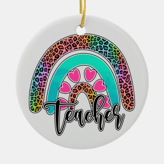 Regenbogen-Lehrerin - farbenfrohe Leopard-Printwer Keramik Ornament (Vorne)