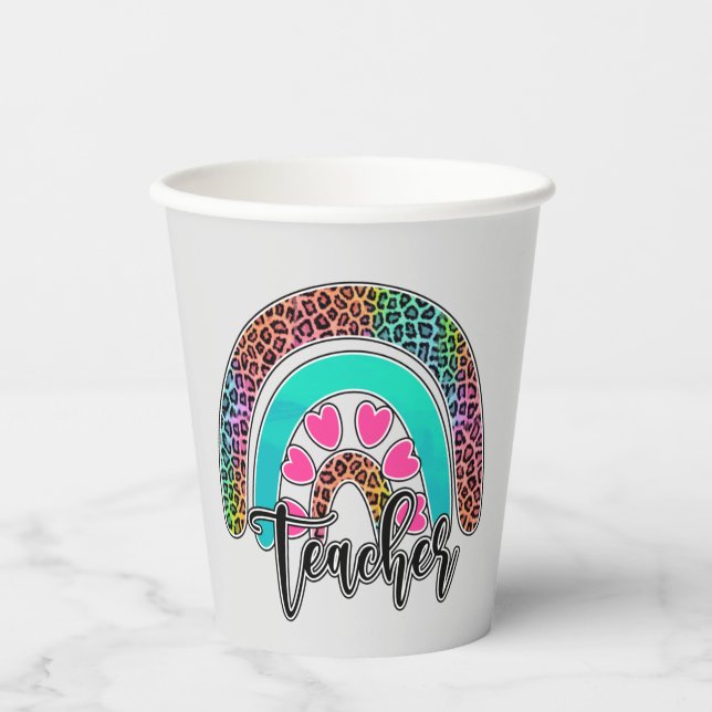 Regenbogen-Lehrerin - farbenfrohe Leopard-Printwer Pappbecher (Vorderseite)
