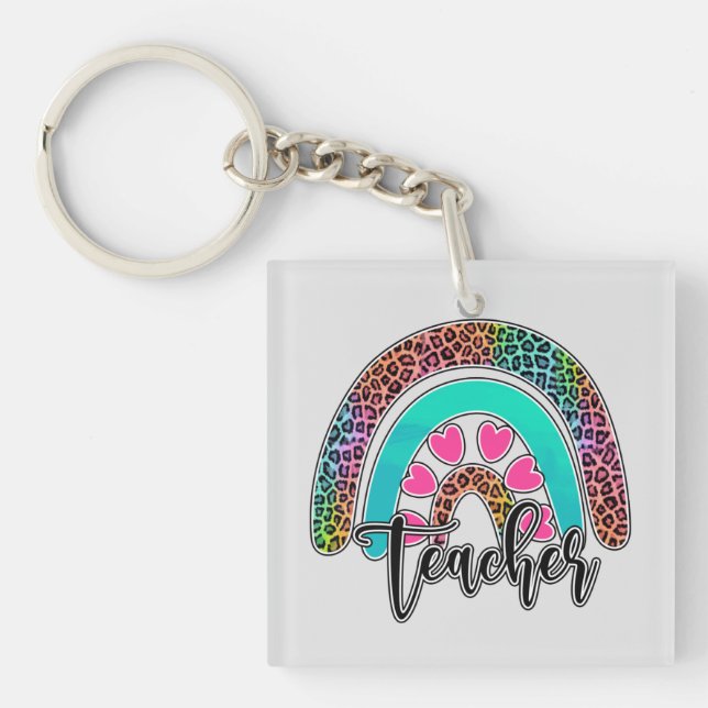 Regenbogen-Lehrerin - farbenfrohe Leopard-Printwer Schlüsselanhänger (Vorderseite)