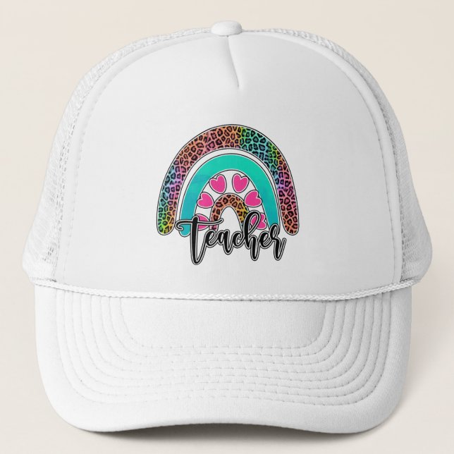 Regenbogen-Lehrerin - farbenfrohe Leopard-Printwer Truckerkappe (Vorderseite)