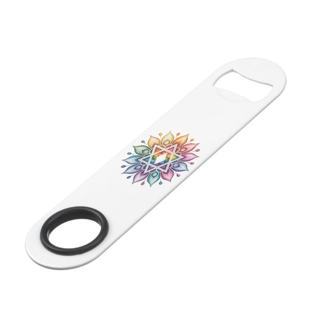 Regenbogen LGBT Stolz Gay Pride Speed Flaschenöffner (Rückseite Schrägansicht)