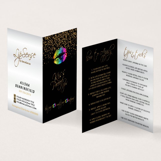 Regenbogen-Lippen-u. Goldconfetti-Anweisungen Visitenkarten (Innenseite und Außenseite)