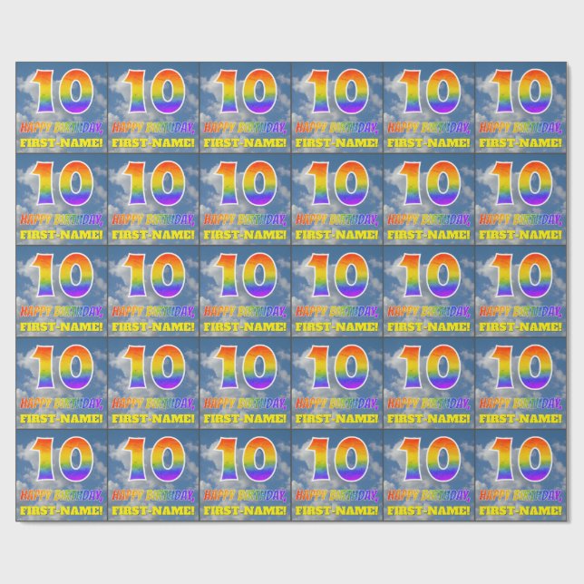 Regenbogen-Look "10" & "GLÜCKLICHER GEBURTSTAG", W Geschenkpapier (Flach)