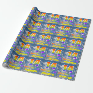 Regenbogen-Look "14" & "GLÜCKLICHER GEBURTSTAG", W Geschenkpapier