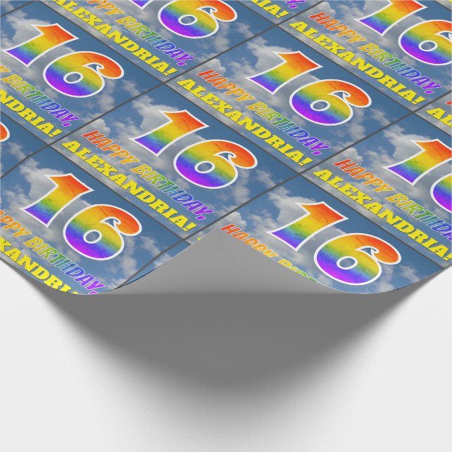 Regenbogen-Look "16" & "GLÜCKLICHER GEBURTSTAG", W Geschenkpapier (Ecke)